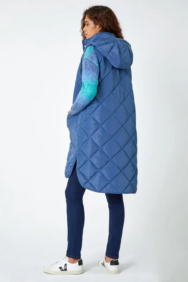 Women Steel Blue Diamond Quilted Longline Gilet Roman Coats