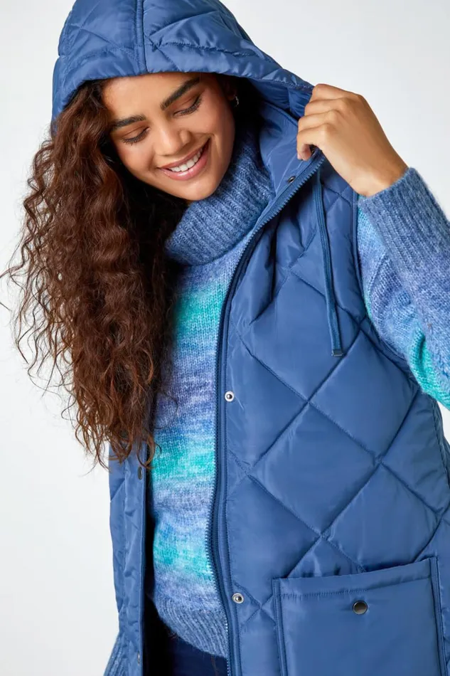 Women Steel Blue Diamond Quilted Longline Gilet Roman Coats
