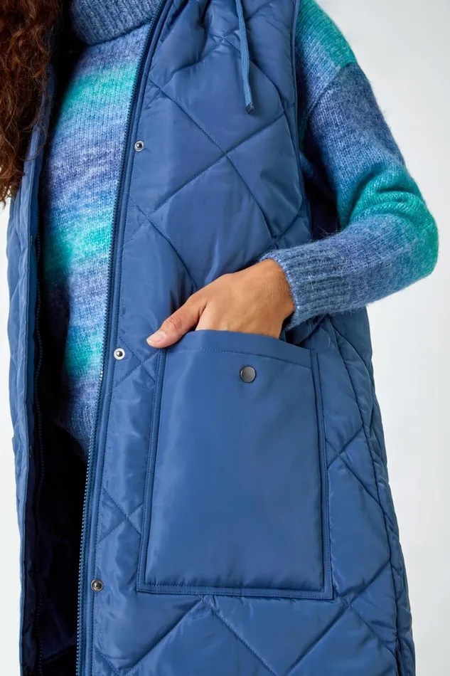 Women Steel Blue Diamond Quilted Longline Gilet Roman Coats