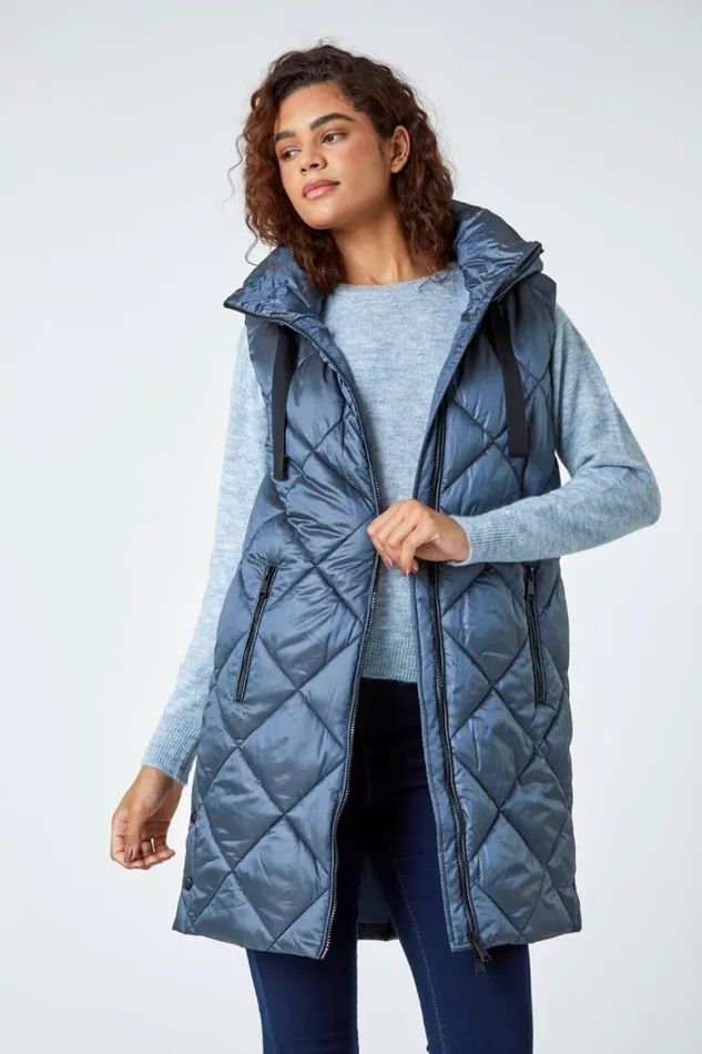 Women Steel Blue Diamond Quilted Padded Gilet Roman Coats