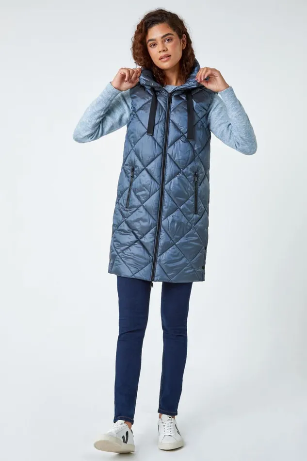 Women Steel Blue Diamond Quilted Padded Gilet Roman Coats