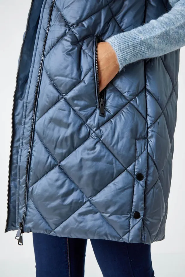 Women Steel Blue Diamond Quilted Padded Gilet Roman Coats