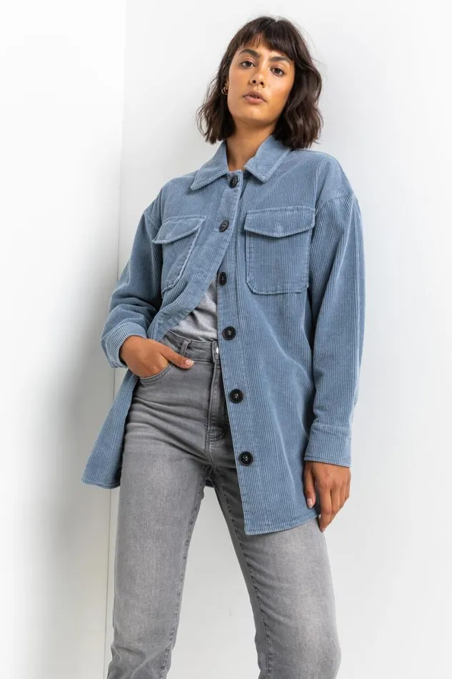 Women Steel Blue Washed Cord Button Through Shacket Roman Jackets
