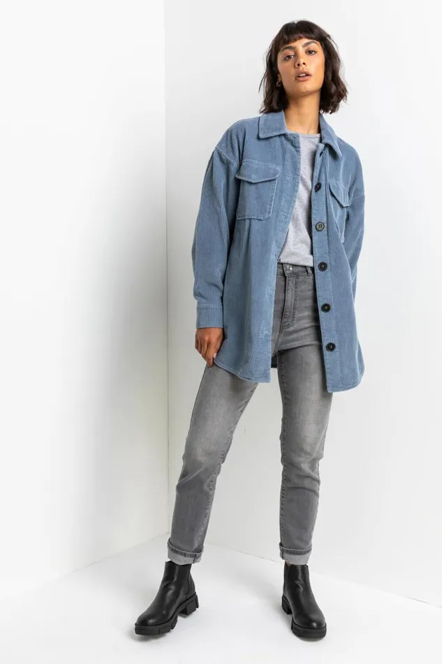 Women Steel Blue Washed Cord Button Through Shacket Roman Jackets