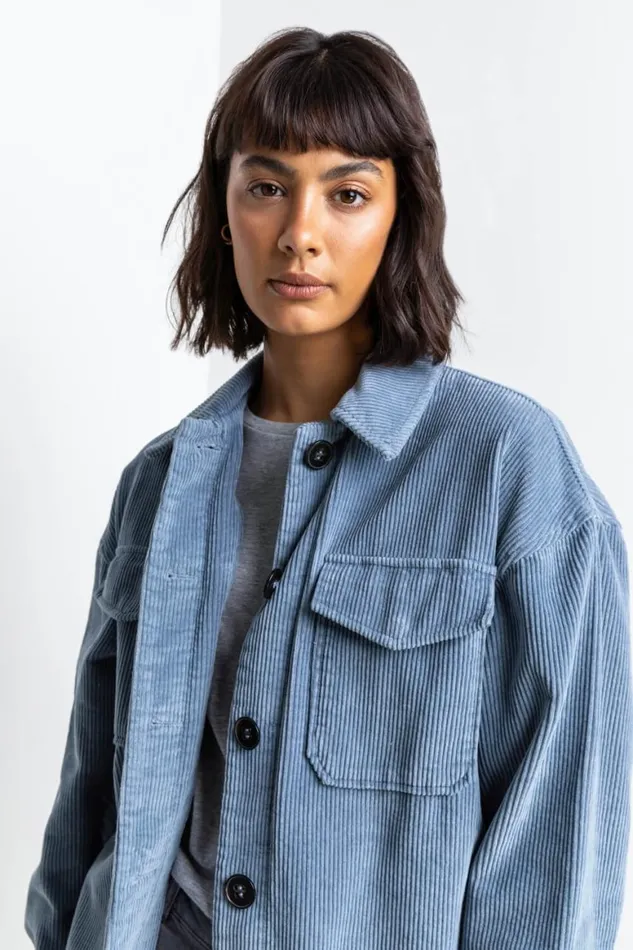 Women Steel Blue Washed Cord Button Through Shacket Roman Jackets