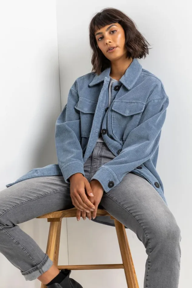 Women Steel Blue Washed Cord Button Through Shacket Roman Jackets
