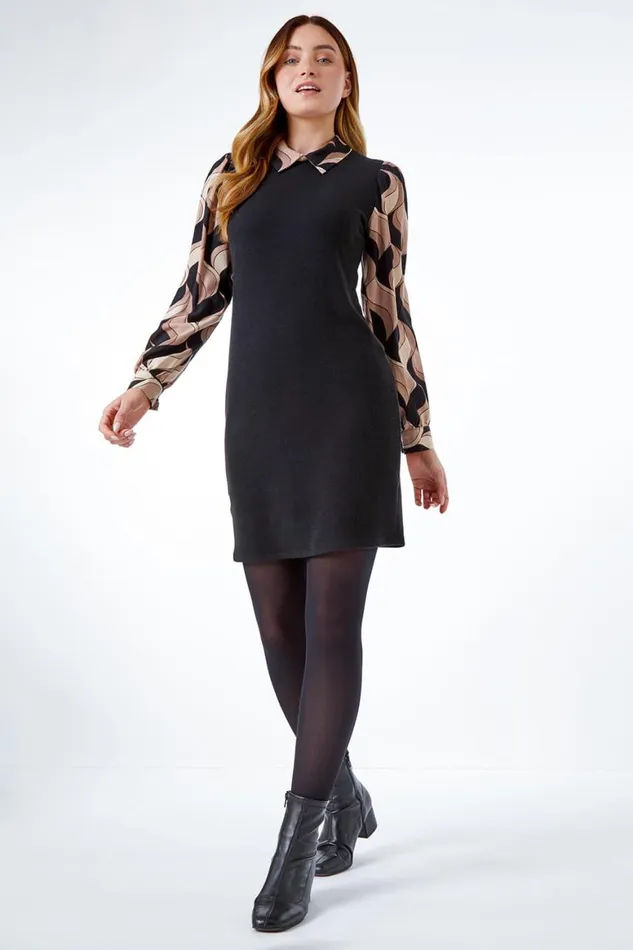Women Stone Contrast Sleeve Stretch Shirt Dress Roman Dresses