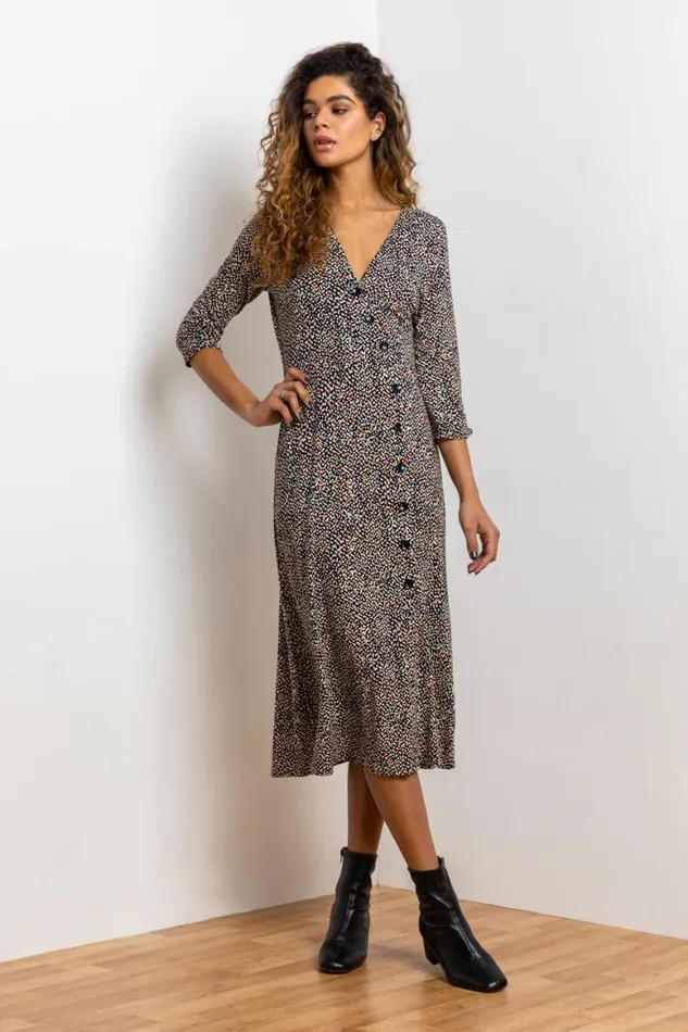 Women Stone Ditsy Spot Print Button Dress Roman Dresses