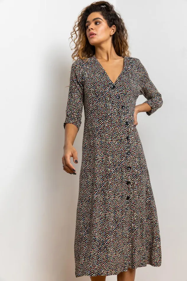 Women Stone Ditsy Spot Print Button Dress Roman Dresses