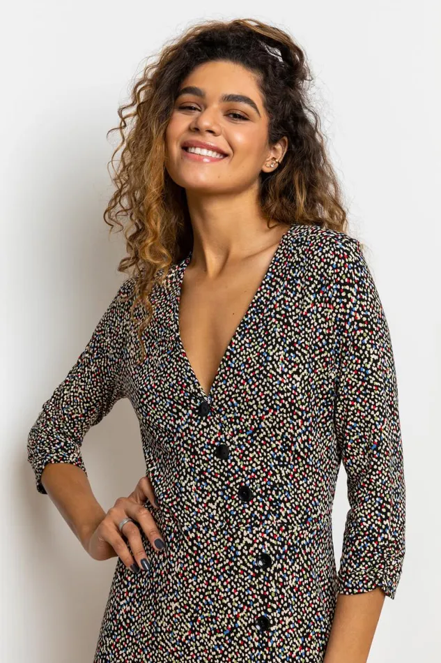 Women Stone Ditsy Spot Print Button Dress Roman Dresses