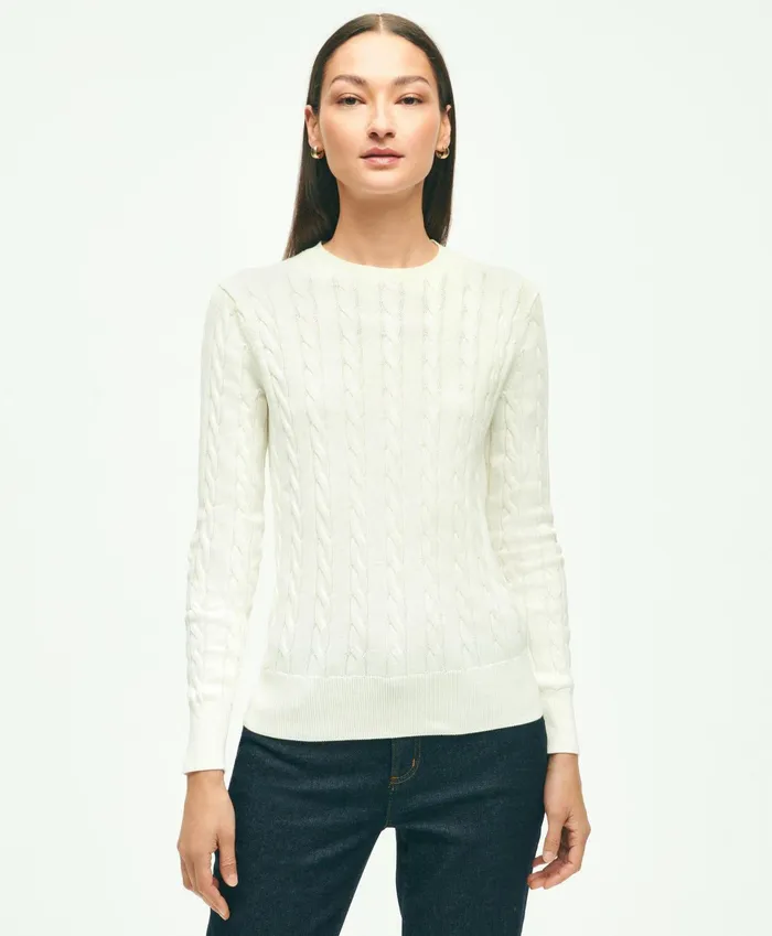 Women Supima Cotton Cable Crewneck Sweater White Brooks Brothers Sweaters