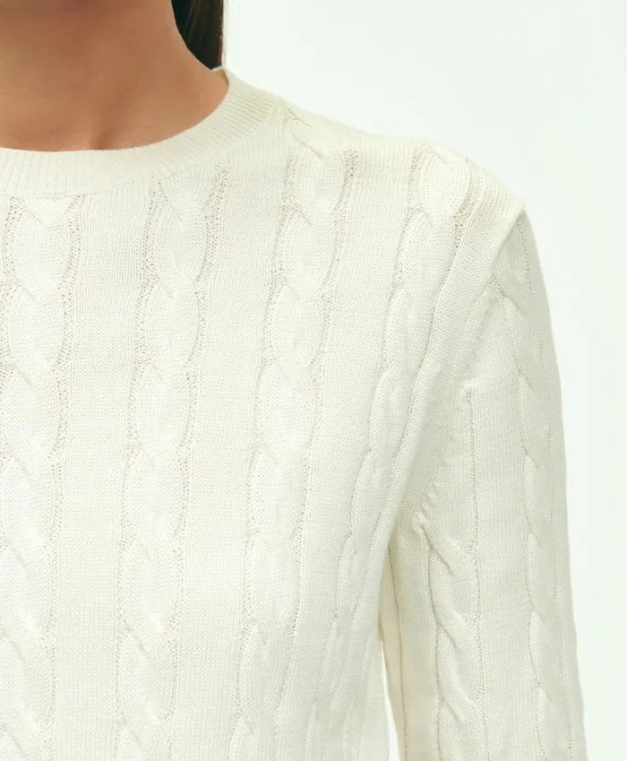 Women Supima Cotton Cable Crewneck Sweater White Brooks Brothers Sweaters