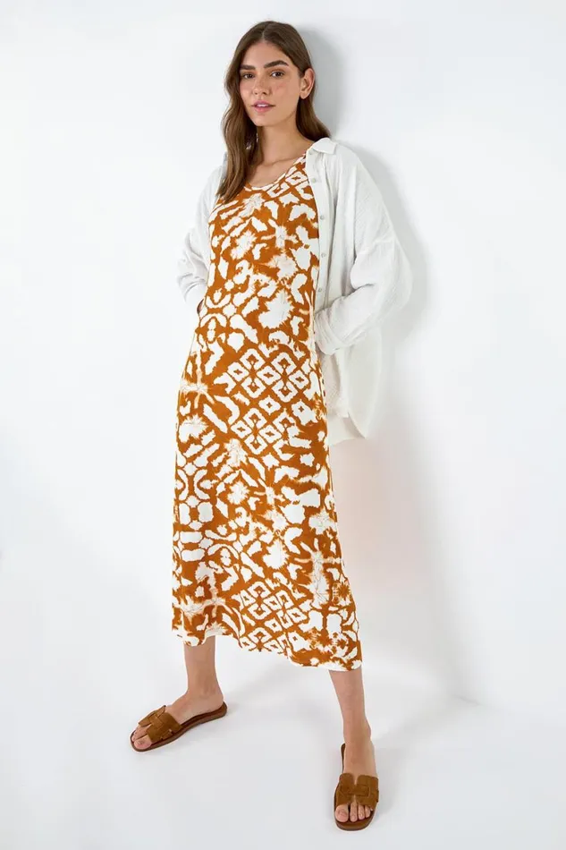 Women Tan Tie Dye Stretch Pocket Midi Dress Roman Dresses