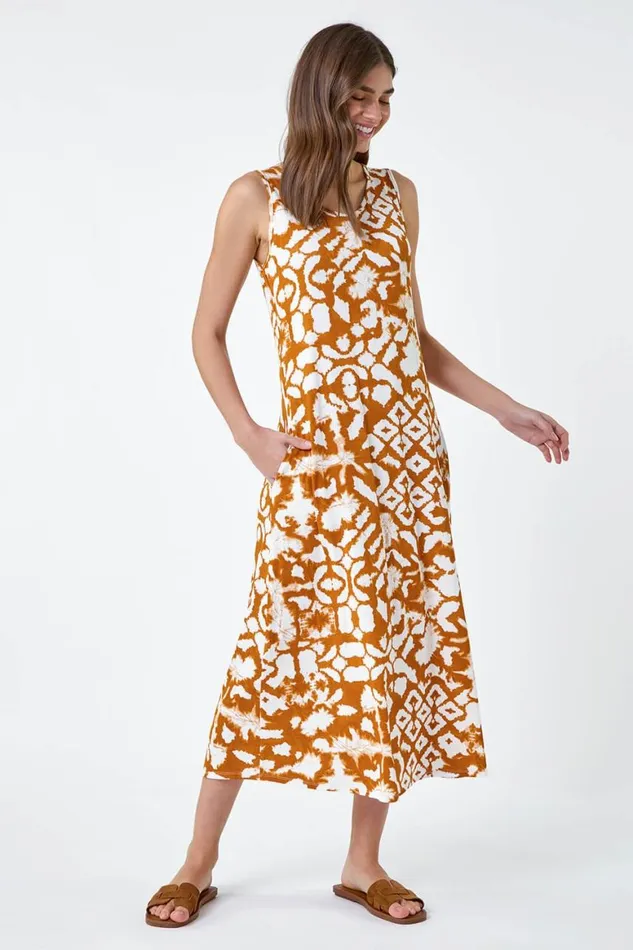 Women Tan Tie Dye Stretch Pocket Midi Dress Roman Dresses