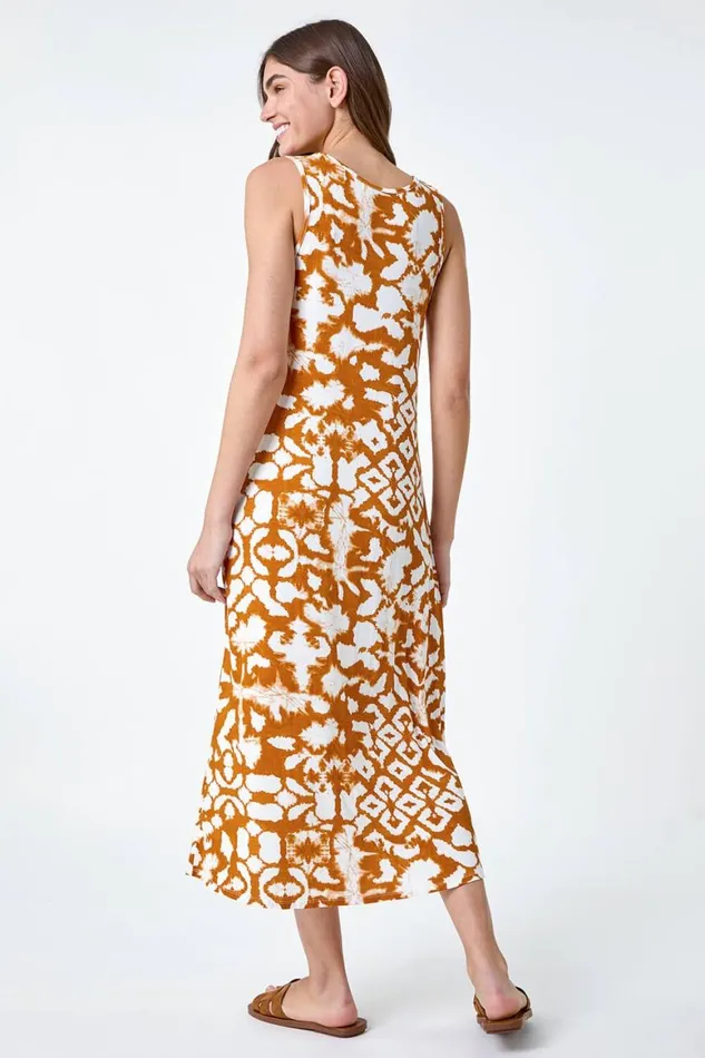 Women Tan Tie Dye Stretch Pocket Midi Dress Roman Dresses