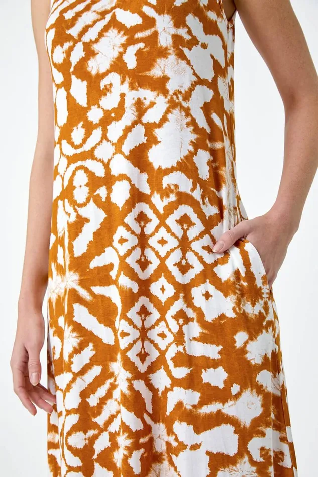 Women Tan Tie Dye Stretch Pocket Midi Dress Roman Dresses