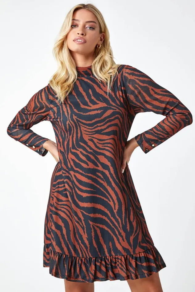 Women Tan Tiger Print Frill Hem Mesh Dress Roman Dresses