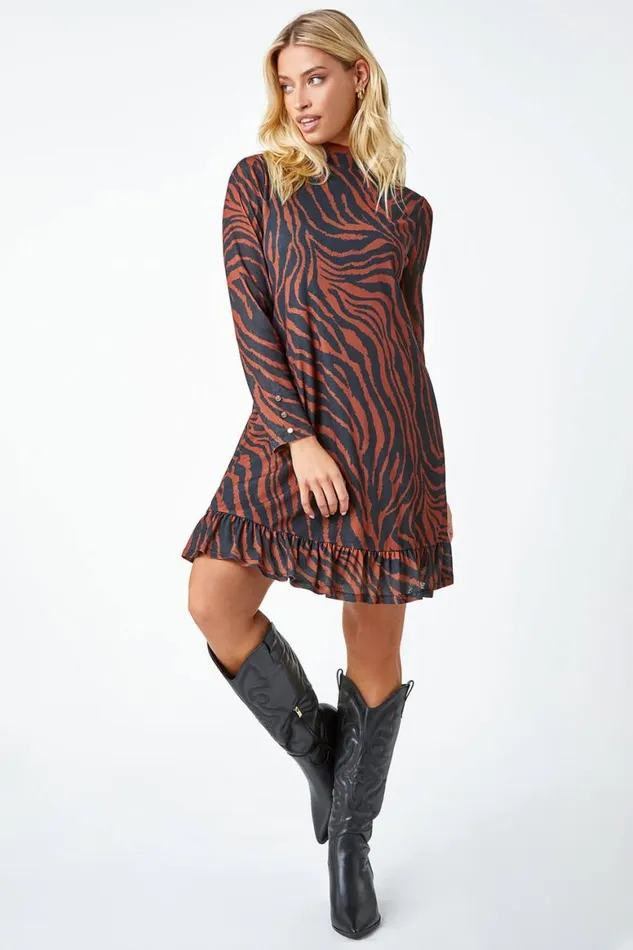Women Tan Tiger Print Frill Hem Mesh Dress Roman Dresses