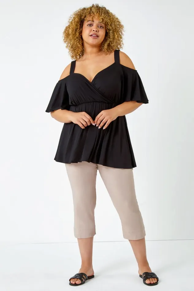 Women Taupe Curve Elastic Waist Stretch Cropped Trouser Roman Occasionwear