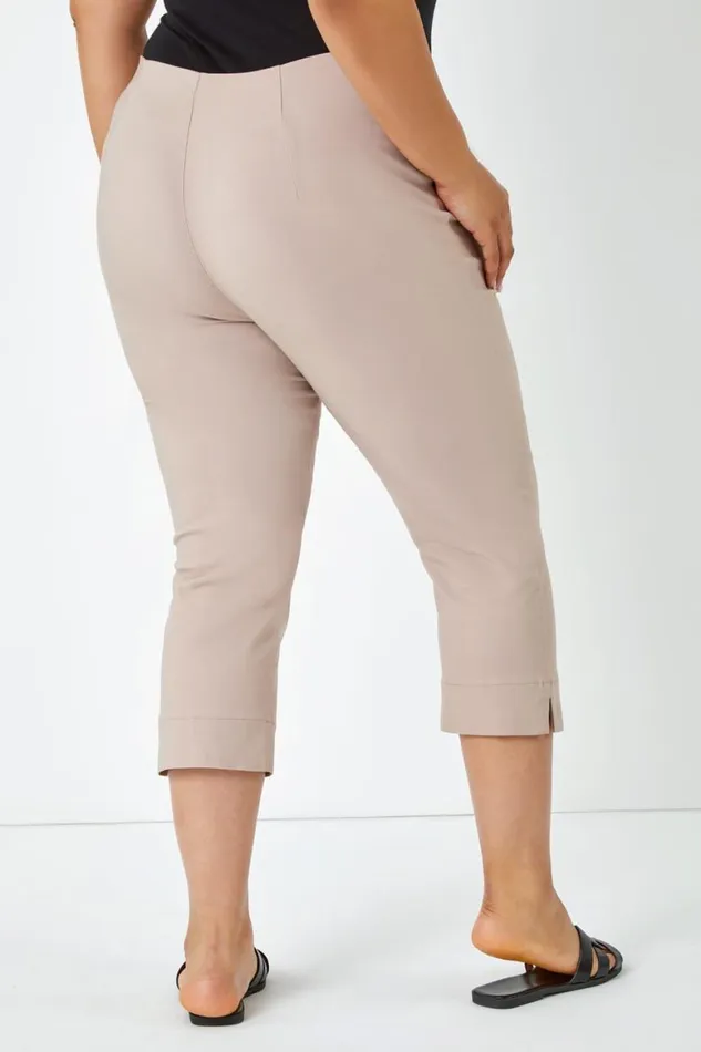 Women Taupe Curve Elastic Waist Stretch Cropped Trouser Roman Occasionwear