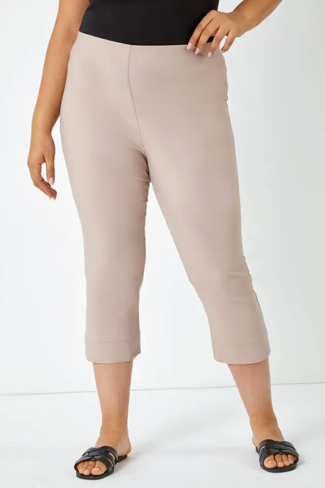 Women Taupe Curve Elastic Waist Stretch Cropped Trouser Roman Occasionwear