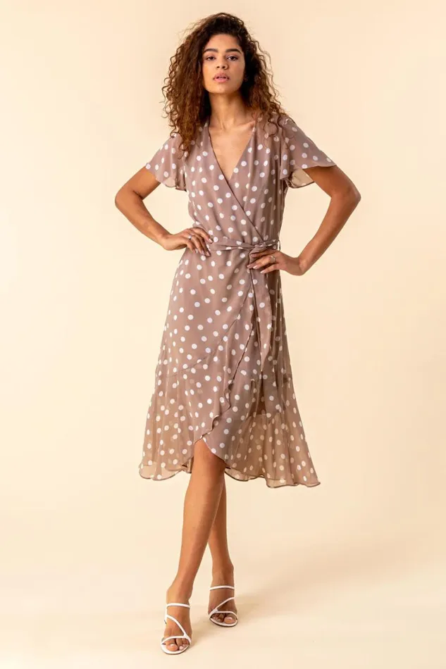 Women Taupe Frilled Hem Spot Print Dress Roman Dresses