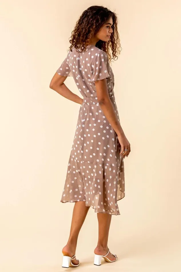 Women Taupe Frilled Hem Spot Print Dress Roman Dresses