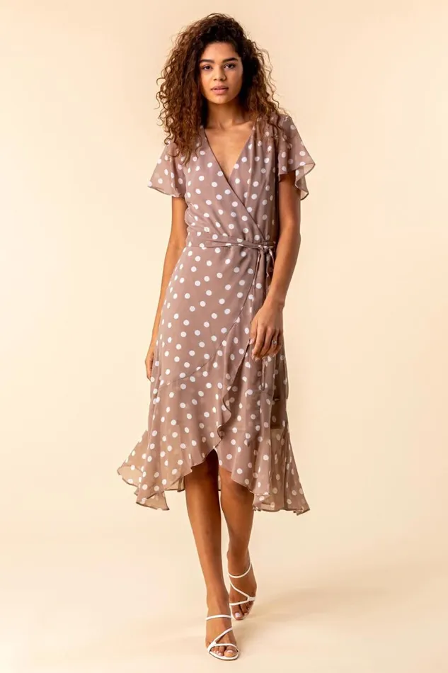 Women Taupe Frilled Hem Spot Print Dress Roman Dresses