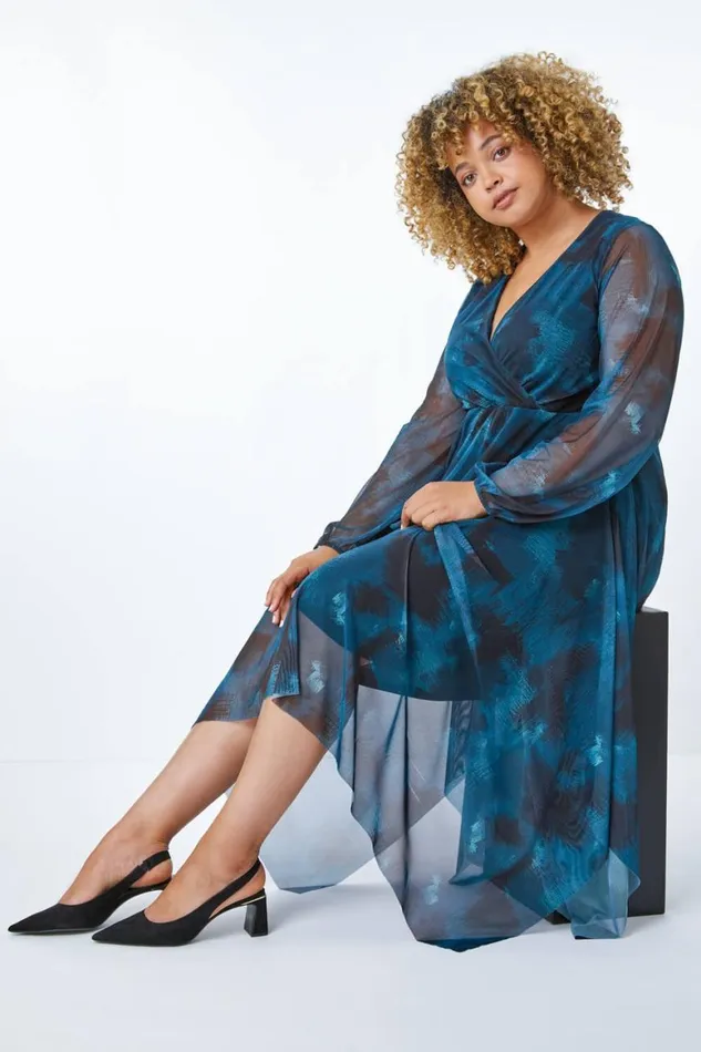 Women Teal Curve Abstract Print Chiffon Wrap Dress Roman Dresses