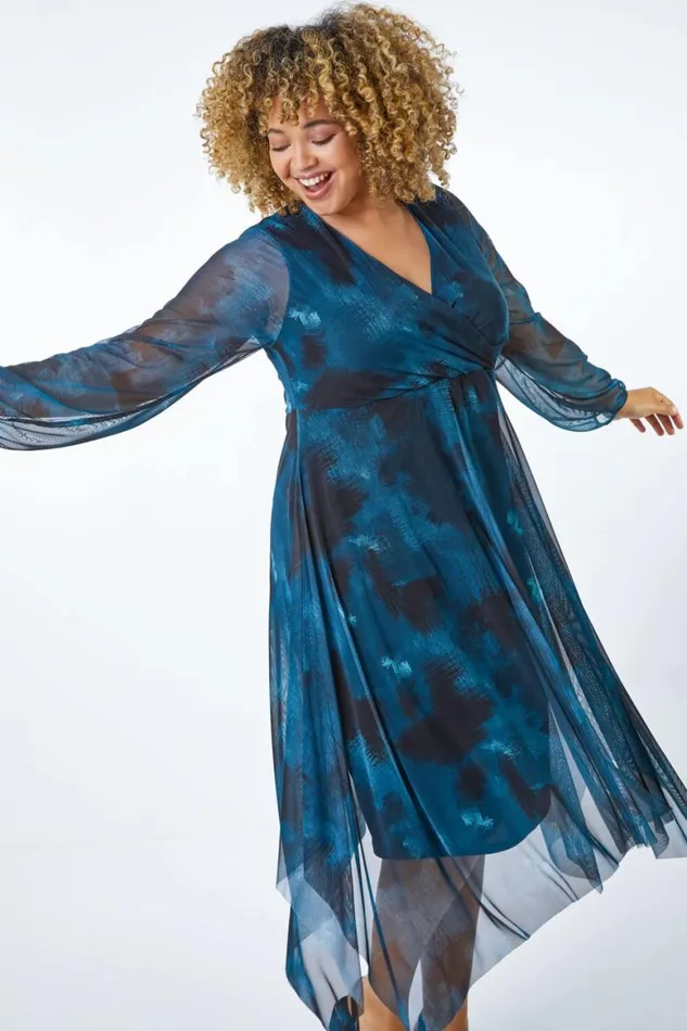 Women Teal Curve Abstract Print Chiffon Wrap Dress Roman Dresses