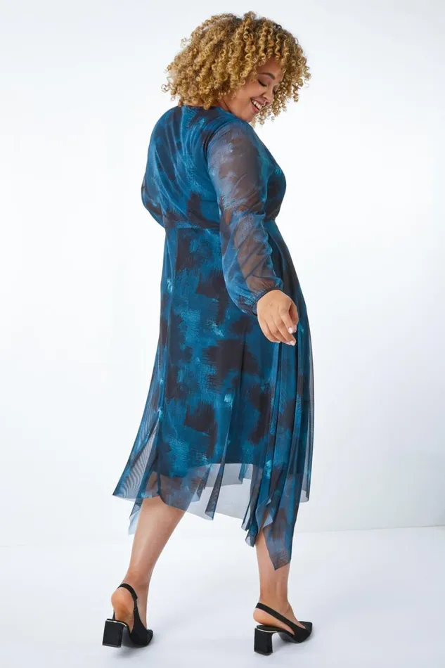 Women Teal Curve Abstract Print Chiffon Wrap Dress Roman Dresses