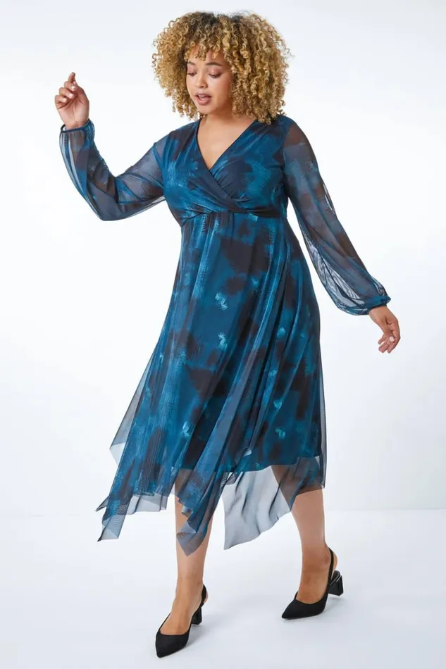 Women Teal Curve Abstract Print Chiffon Wrap Dress Roman Dresses