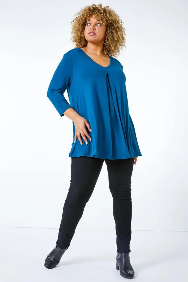 Women Teal Curve Pleat Front Stretch Top Roman Tops