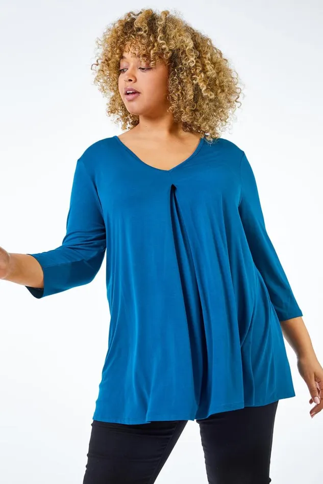 Women Teal Curve Pleat Front Stretch Top Roman Tops