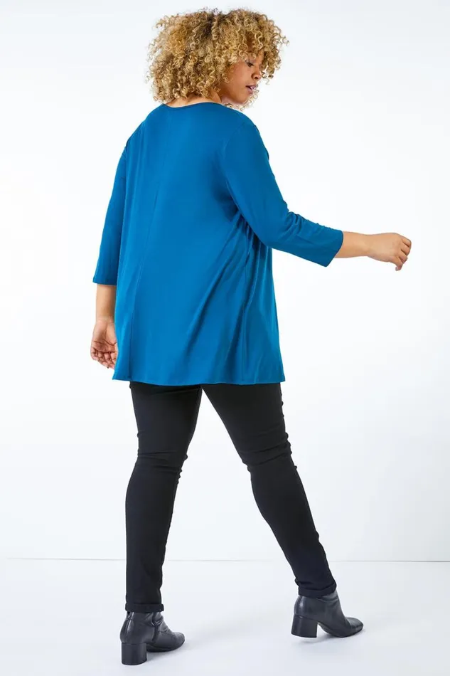 Women Teal Curve Pleat Front Stretch Top Roman Tops