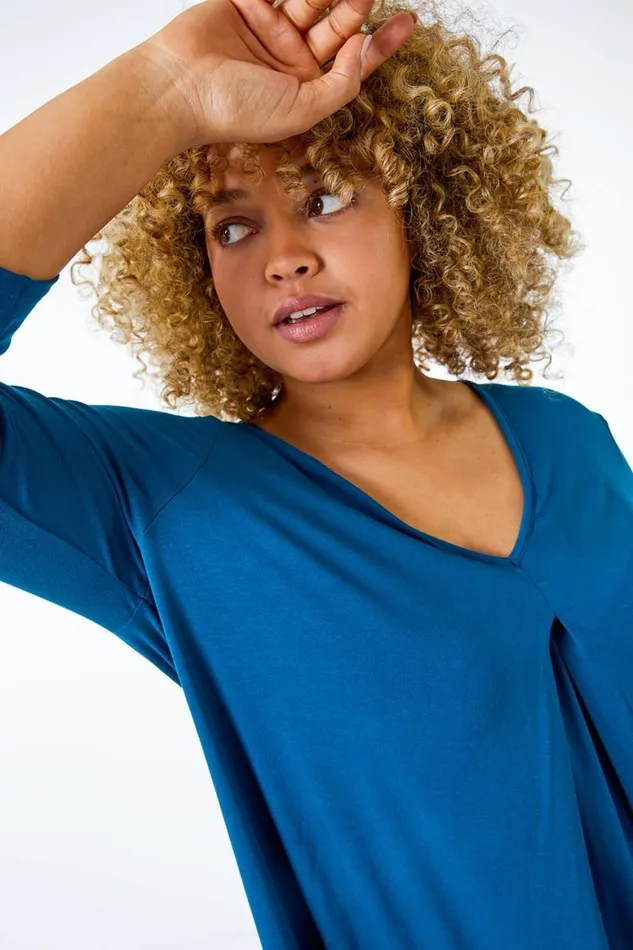 Women Teal Curve Pleat Front Stretch Top Roman Tops