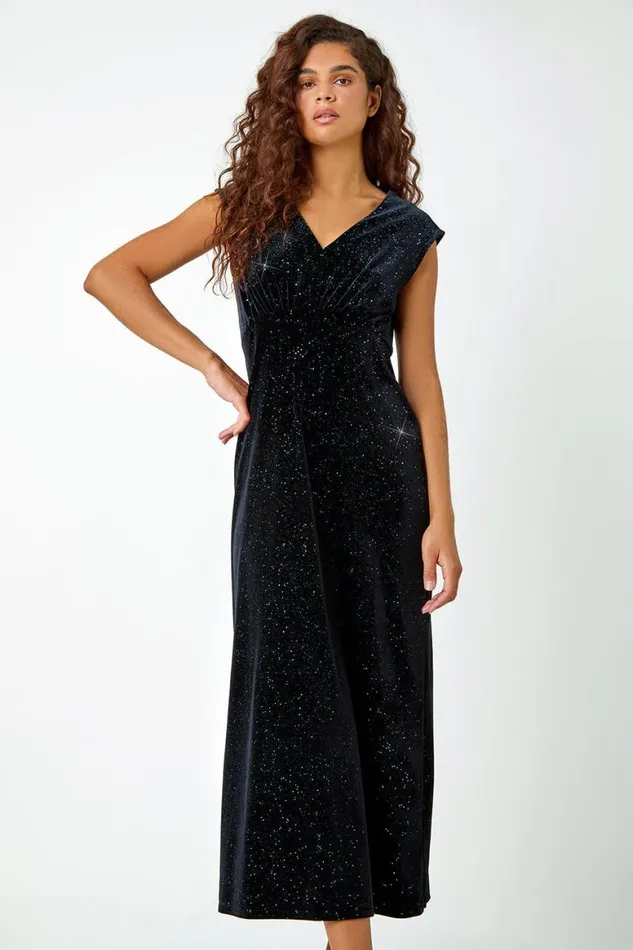 Women Teal Glitter Velvet Maxi Stretch Dress Roman Dresses