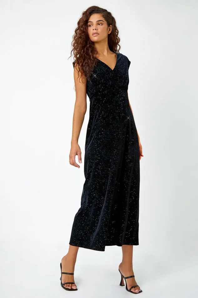 Women Teal Glitter Velvet Maxi Stretch Dress Roman Dresses