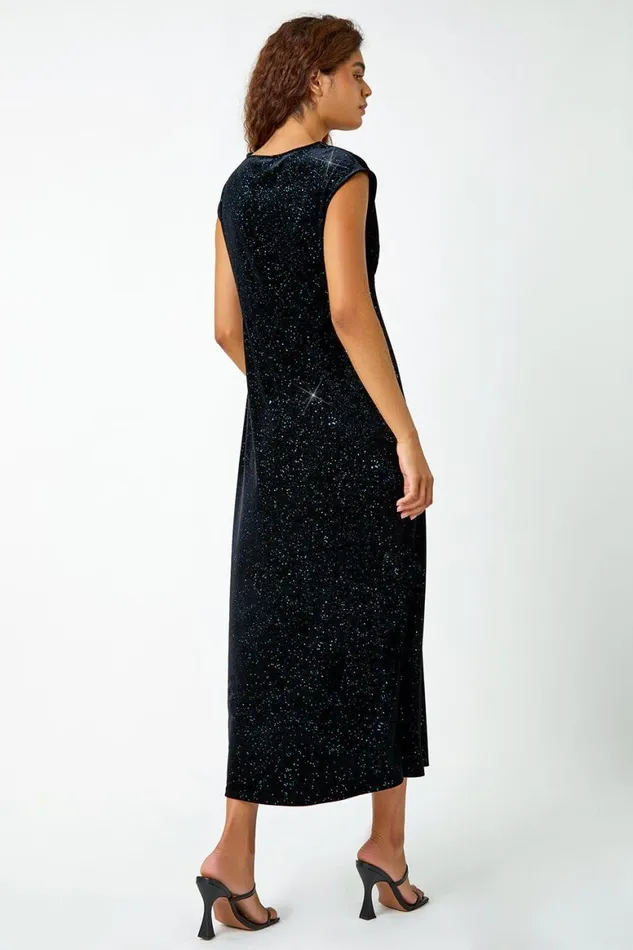 Women Teal Glitter Velvet Maxi Stretch Dress Roman Dresses