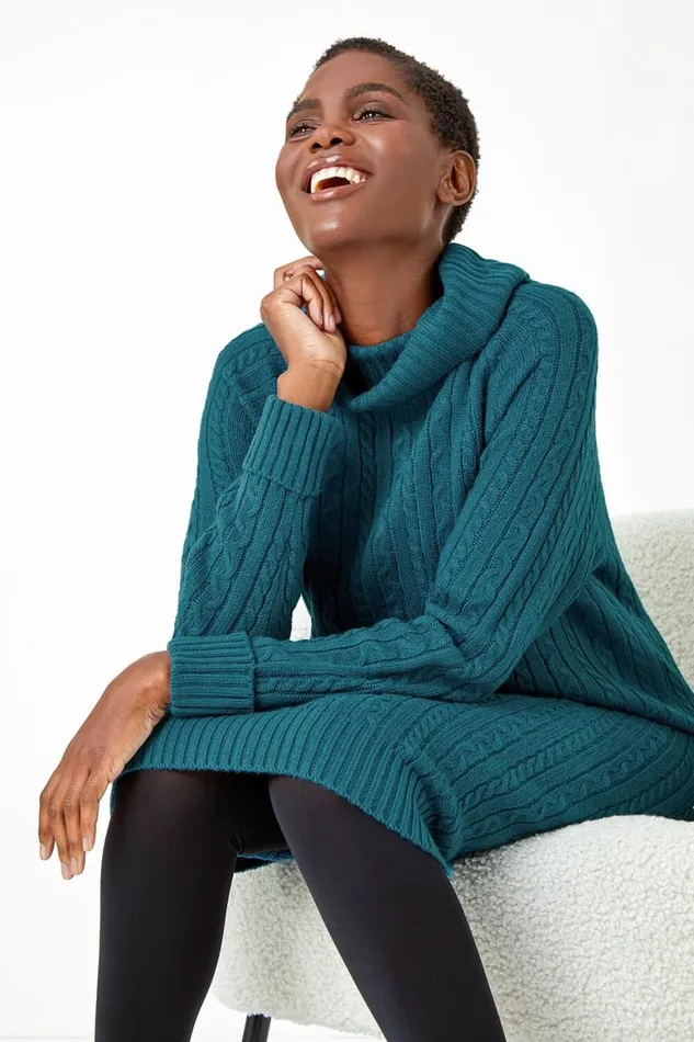 Women Teal Roll Neck Knitted Jumper Dress Roman Dresses