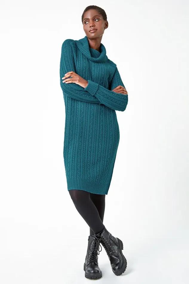 Women Teal Roll Neck Knitted Jumper Dress Roman Dresses