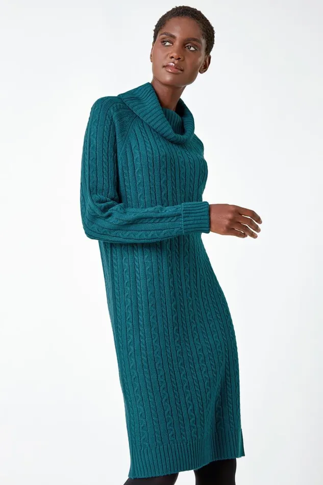Women Teal Roll Neck Knitted Jumper Dress Roman Dresses