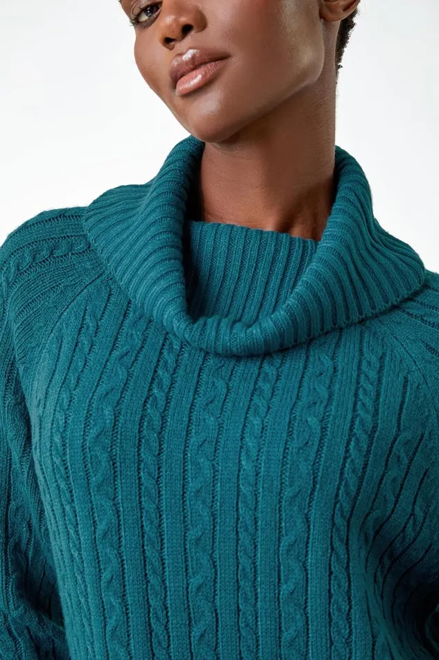 Women Teal Roll Neck Knitted Jumper Dress Roman Dresses