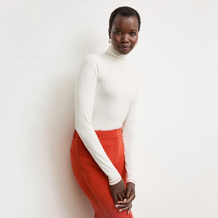 Women The Axam Layering Turtleneck 8211 Contrast Organic Ribbed Pima Cotton IvoryRed TShirts M M LaFleur