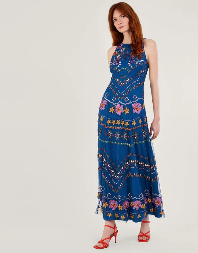 Women Theodora Embroidered Maxi Dress In Recycled Polyester Blue Monsoon Occasionwear