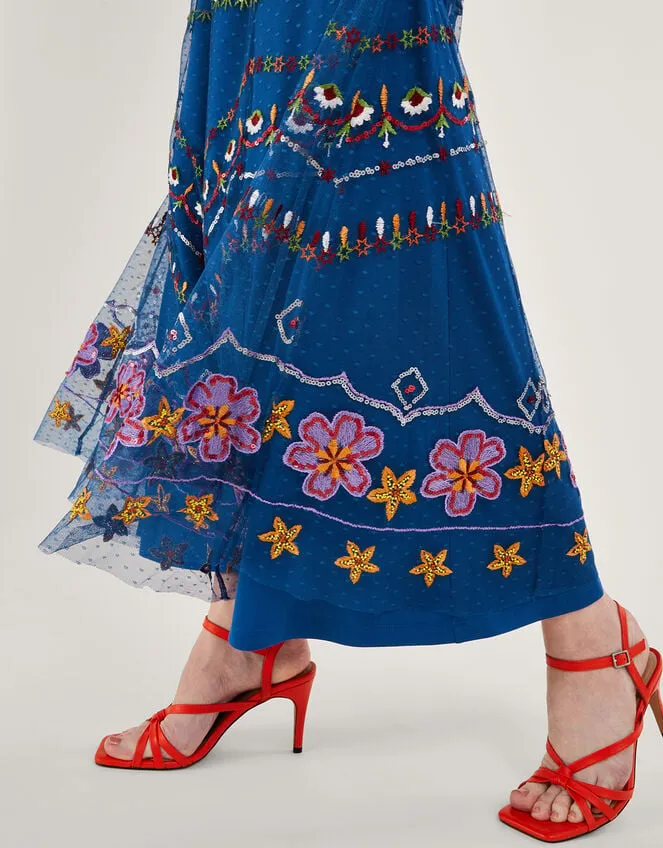 Women Theodora Embroidered Maxi Dress In Recycled Polyester Blue Monsoon Occasionwear