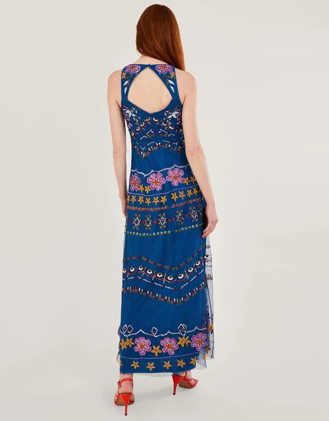 Women Theodora Embroidered Maxi Dress In Recycled Polyester Blue Monsoon Occasionwear