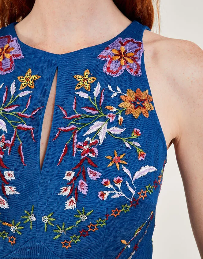 Women Theodora Embroidered Maxi Dress In Recycled Polyester Blue Monsoon Occasionwear