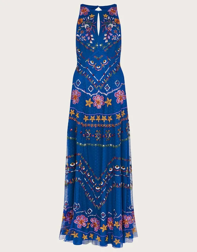 Women Theodora Embroidered Maxi Dress In Recycled Polyester Blue Monsoon Occasionwear