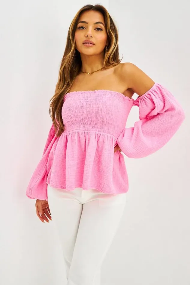 Women Top paules Dnudes Manches Ballon En Gaze De Coton Rose Pink Brentiny Paris Top And Tank Tops Women Top paules Dnudes Manches Ballon En Gaze De Coton Rose Pink Brentiny Paris Top And Tank Tops